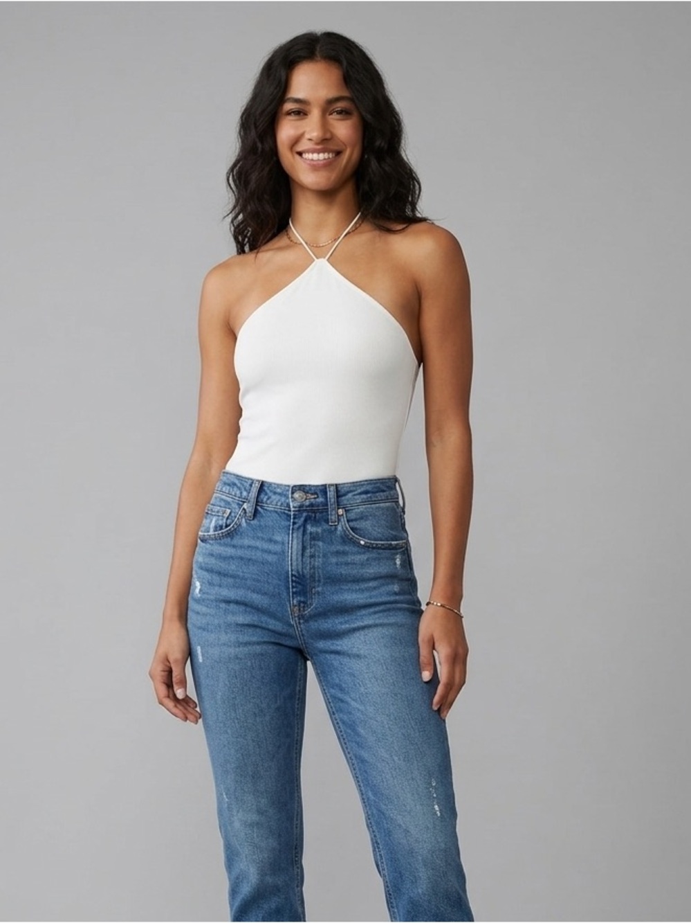 Zara Cream Halter Ribbed Bodysuit